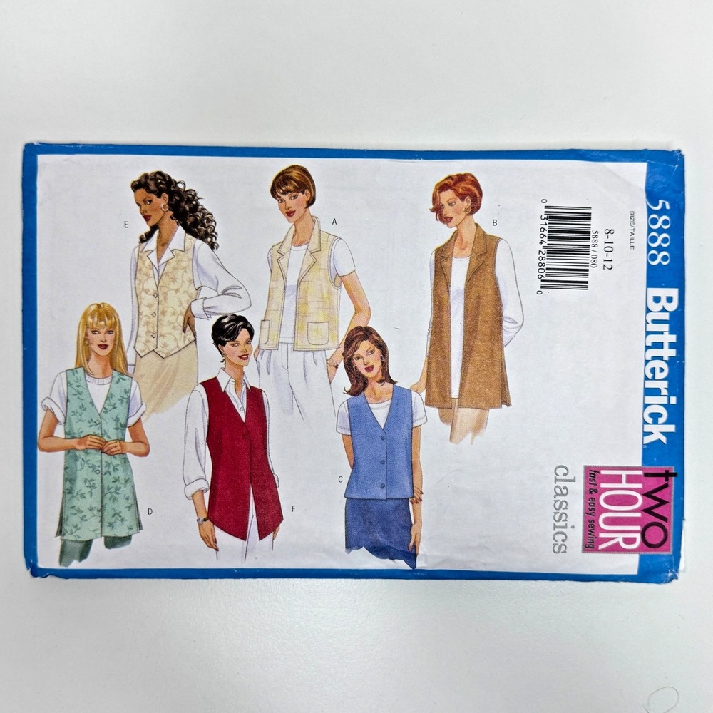 BUTTERICK 5888 Uncut Sewing Pattern Vest 1998 Size 8 10 12‎ Semi-Fitted Options